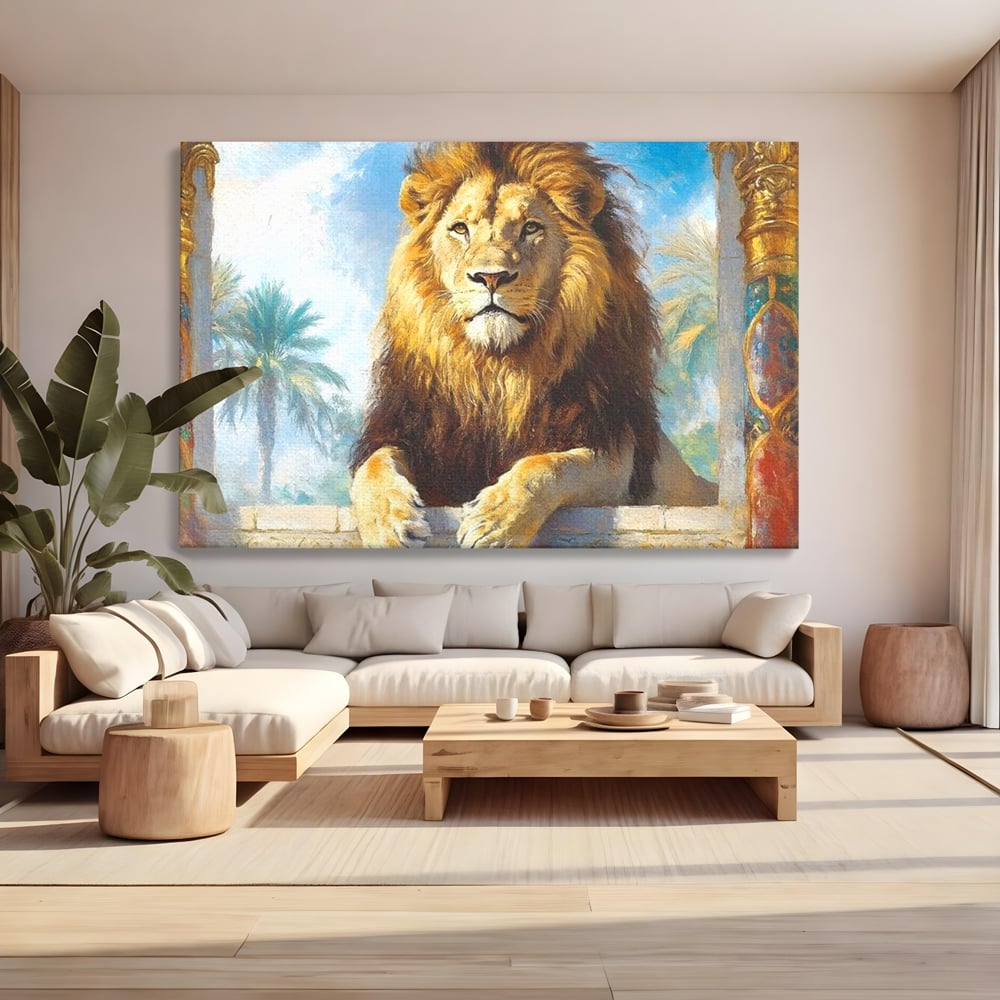 Tablou canvas cu tablou canvas cu leu intre coloane, fara rama, pe sasiu de lemn, pe perete intr-un living